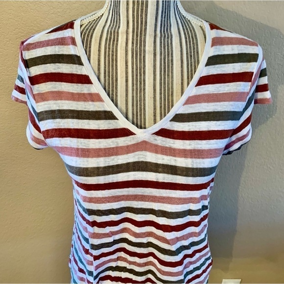 Linen Tee Medium White V-Neck Striped Olive Salmon Rust Short Sleeve 100% Linen - Picture 2 of 13